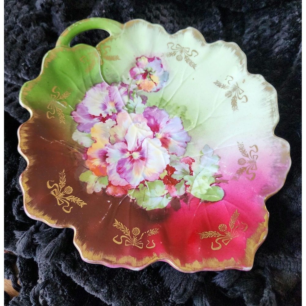 Antique Bavarian Hand Painted Pansy Porcelain Plate Gold Gilt German Relish Dish